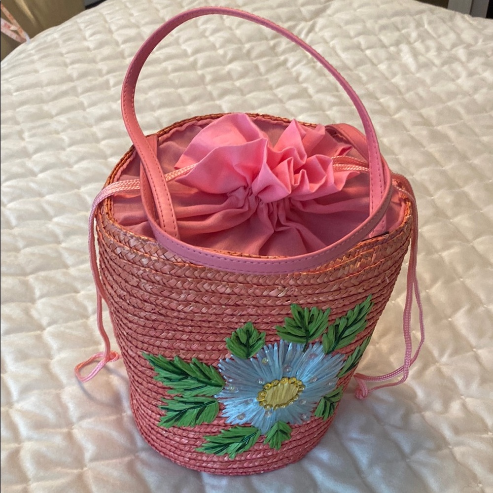Pink Floral Straw Bucket Bag